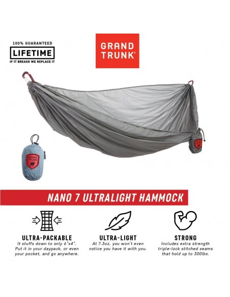 Grand Trunk Single Hammock: Nano 7 Premium Ultra Light made with Ripstop  Nylon for Camping and Travel includes Carabiners